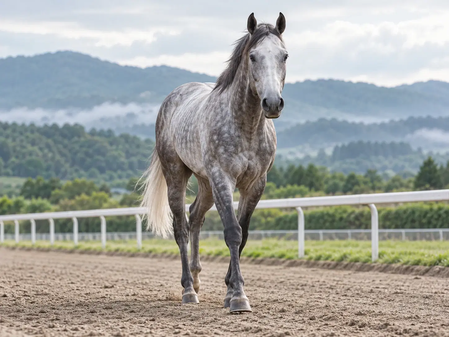 屋外の調教コースに立つ芦毛の競走馬