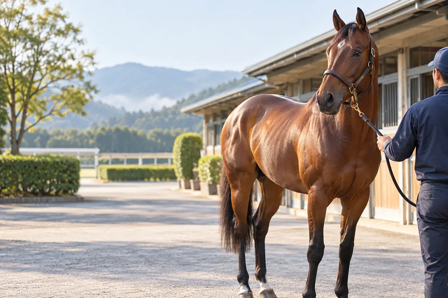 厩舎の前で静かに立つ競走馬